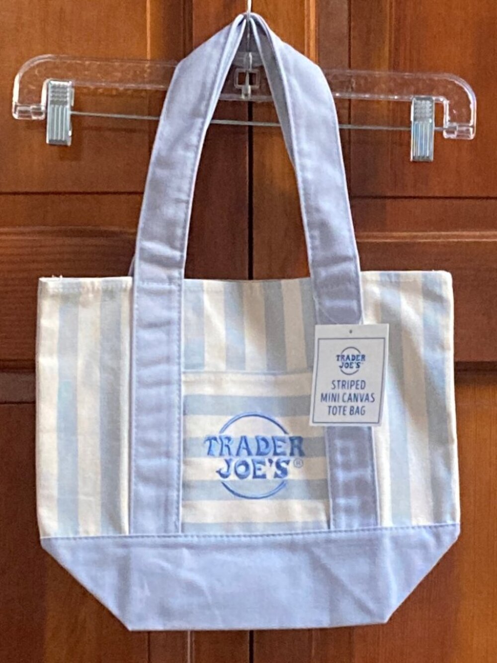 Trader Joe's Mini Canvas Tote Bag - Light Blue Striped 13in wide x 10.5in high
